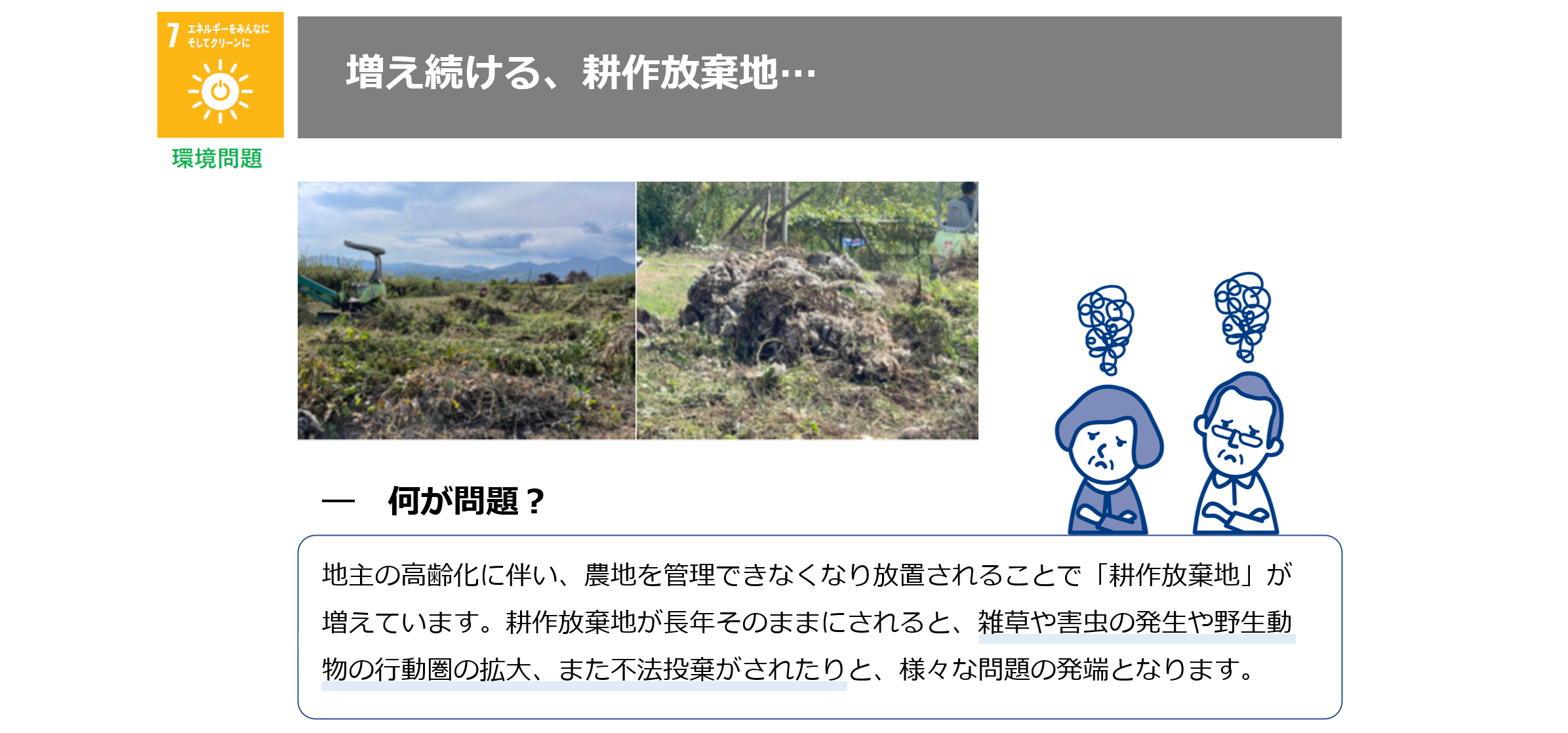 【増え続ける耕作放棄地…】―何が問題？　地主の高齢化に伴い、農地を管理できなくなり放置されることで「耕作放棄地」が増えています。耕作放棄地が長年そのままにされると、雑草や害虫の発生や野生動物の行動圏の拡大、また不法投棄がされたりと、様々な問題の発端となります。